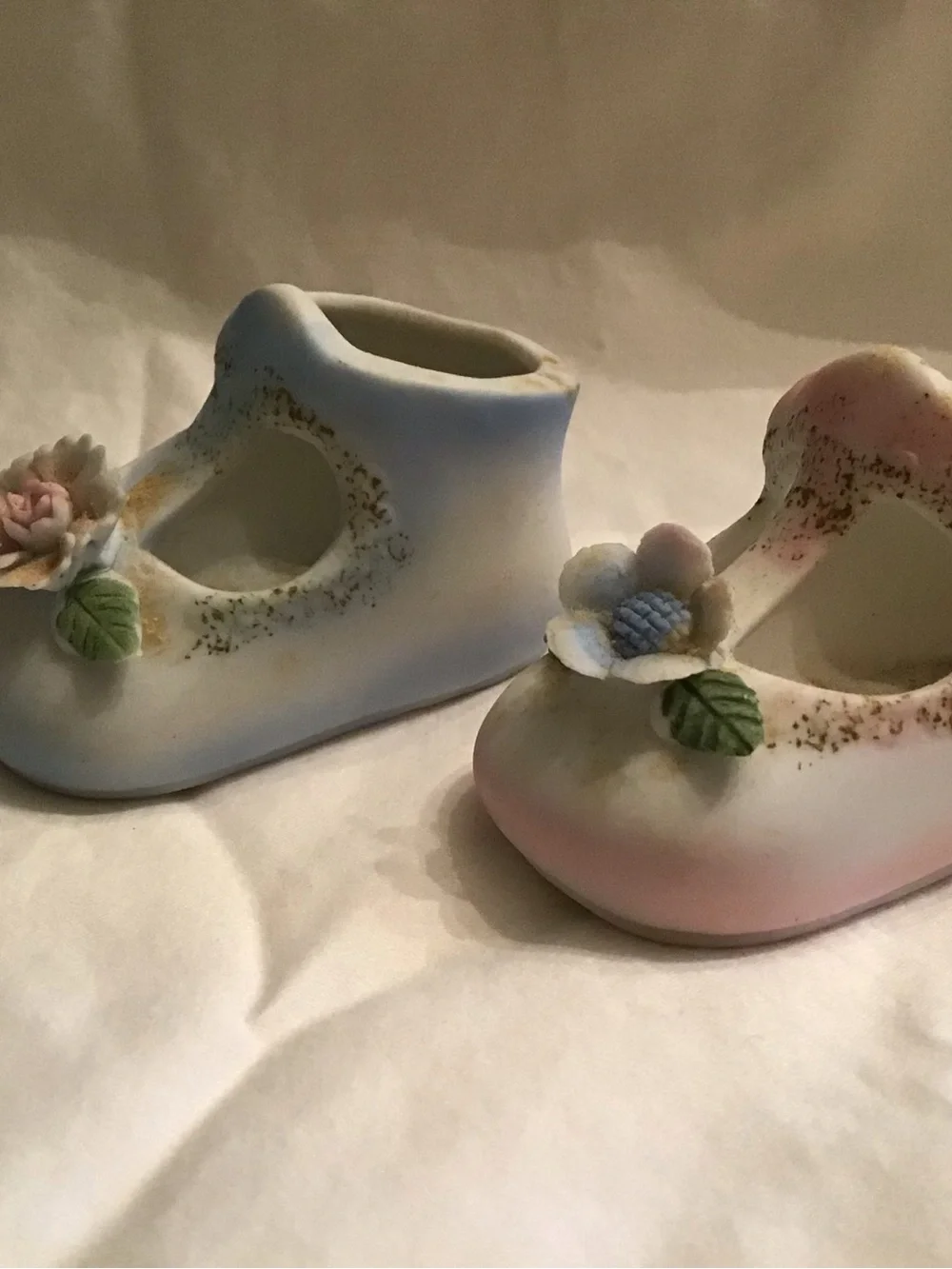 Porcelain Baby Shoe Figurine with Pink and Blue Floral Accents